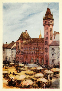 1907 Print Rathaus Basle Switzerland Spire Basel City Hall Market Vendor XGG4