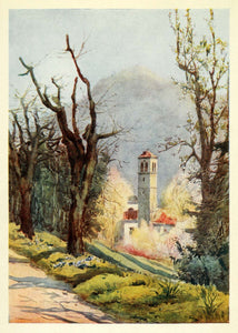 1907 Print Church Tower Lugano Switzerland Ticino Swiss Effie Jardine Trees XGG4