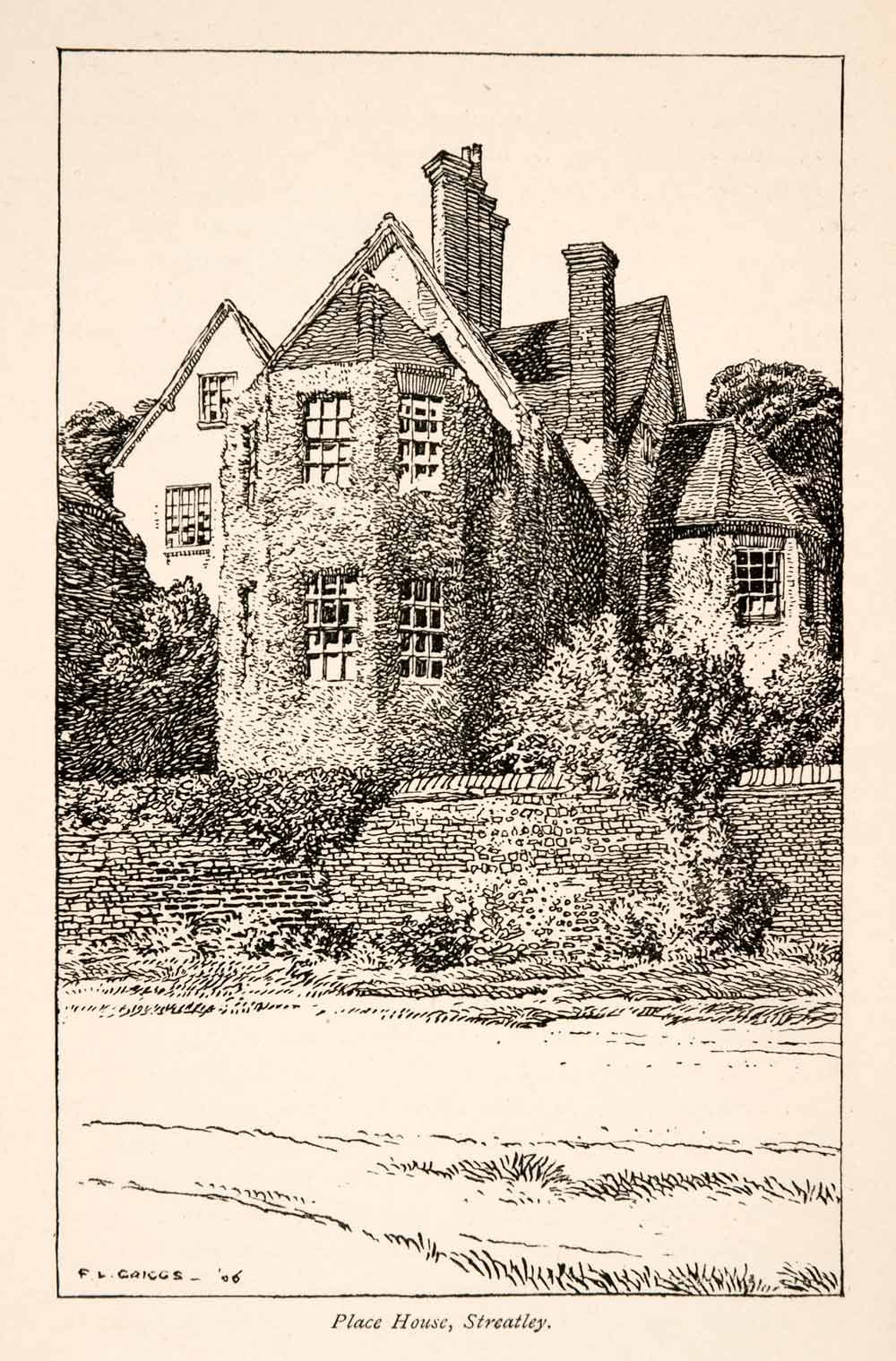 1906 Wood Engraving Place House Streatley Architecture Garden England XGGA1