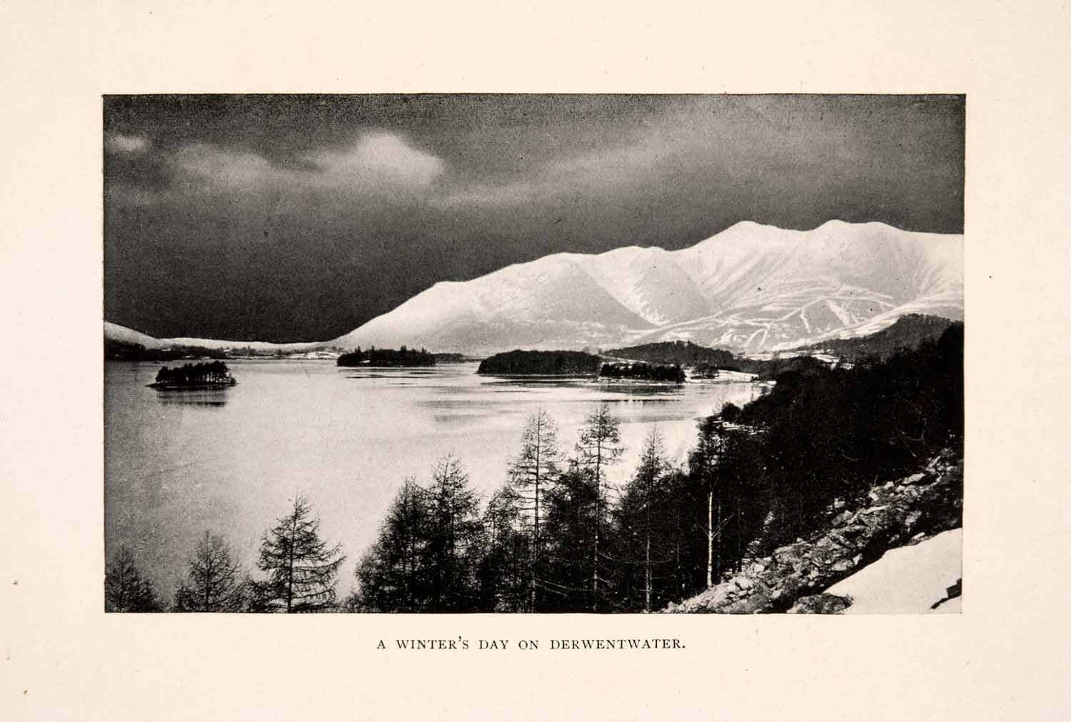 1903 Halftone Print Winter Day Derwentwater Landscape Mountain Scenery XGGA3