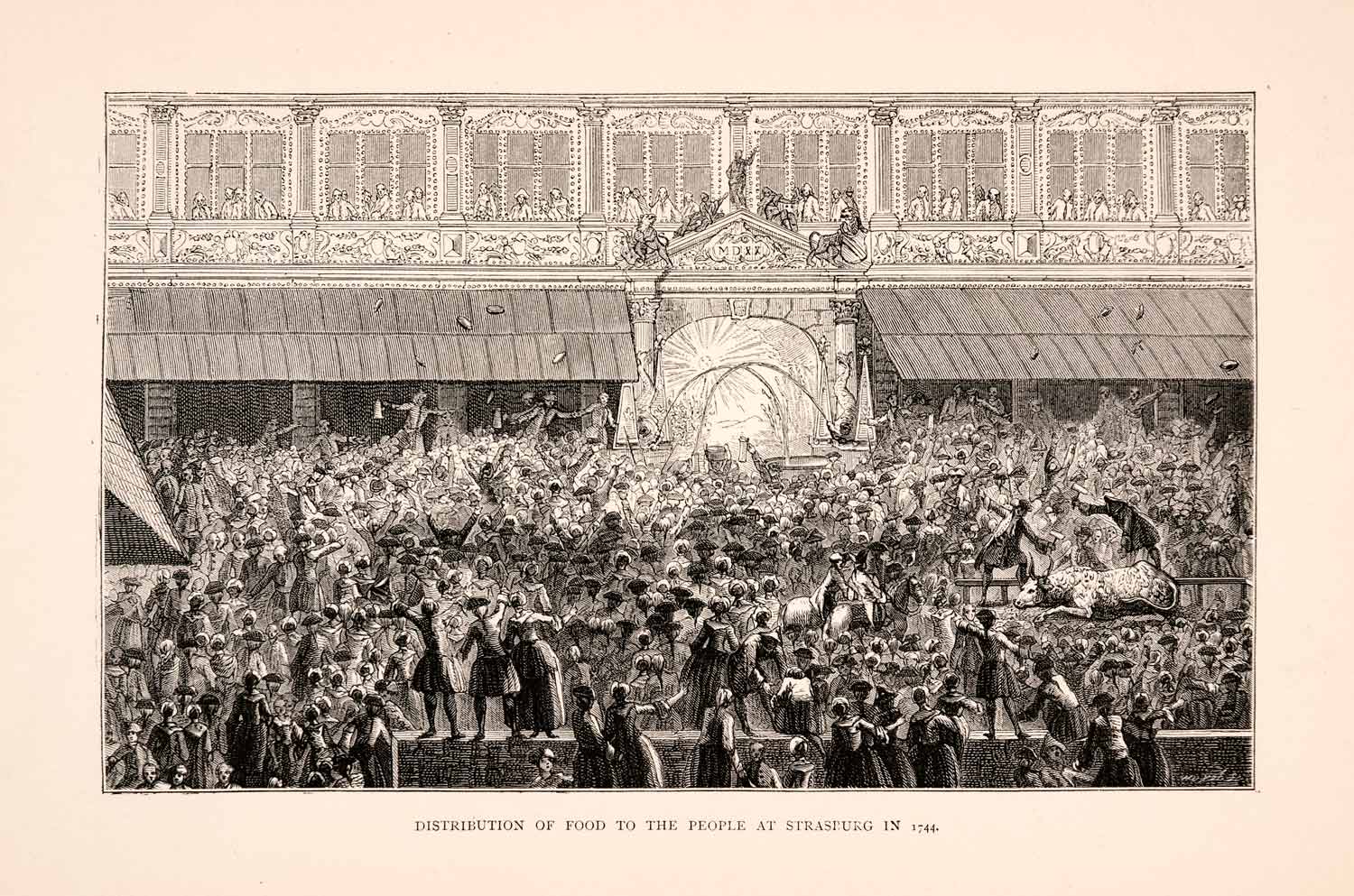 1876 Wood Engraving Distribution Food Crowd Strasbourg Louis XV XGGA9