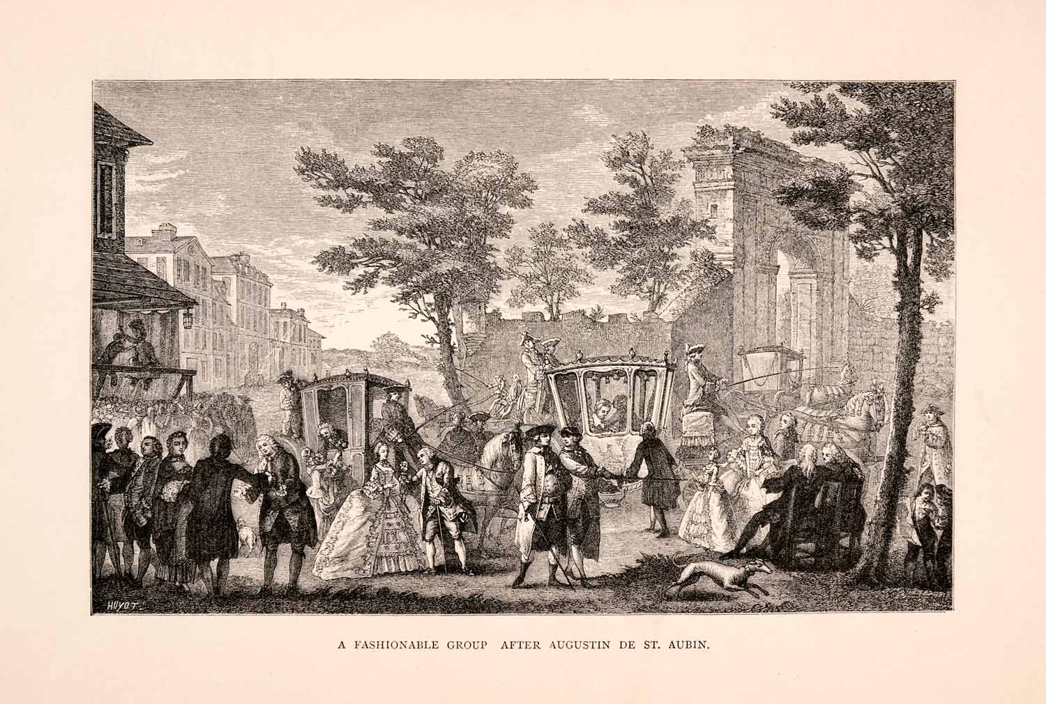 1876 Wood Engraving Arch Pannier Carriage Augustin St Aubin Bourgeoisie XGGA9