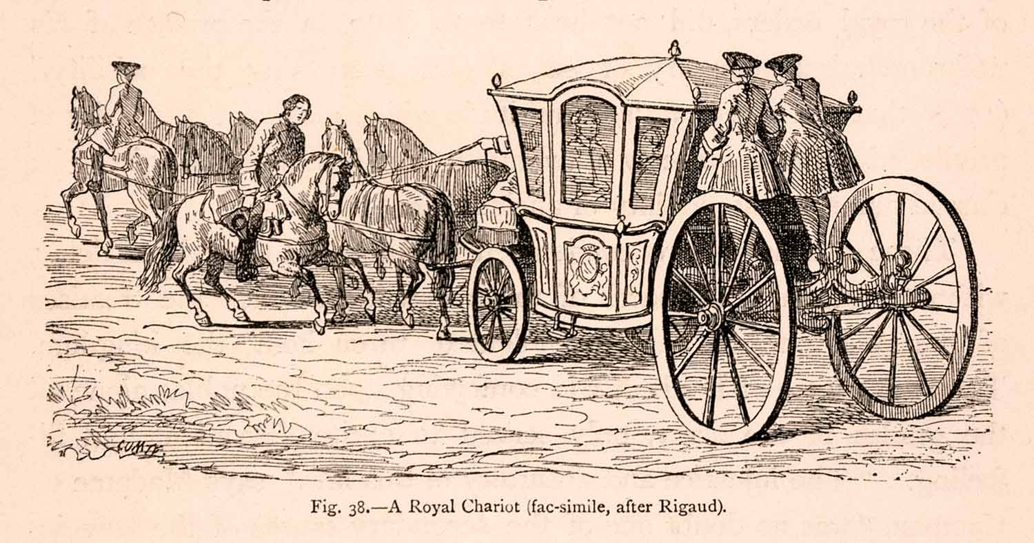 1876 Wood Engraving Royal Carriage French 18th Century Footmen XGGA9