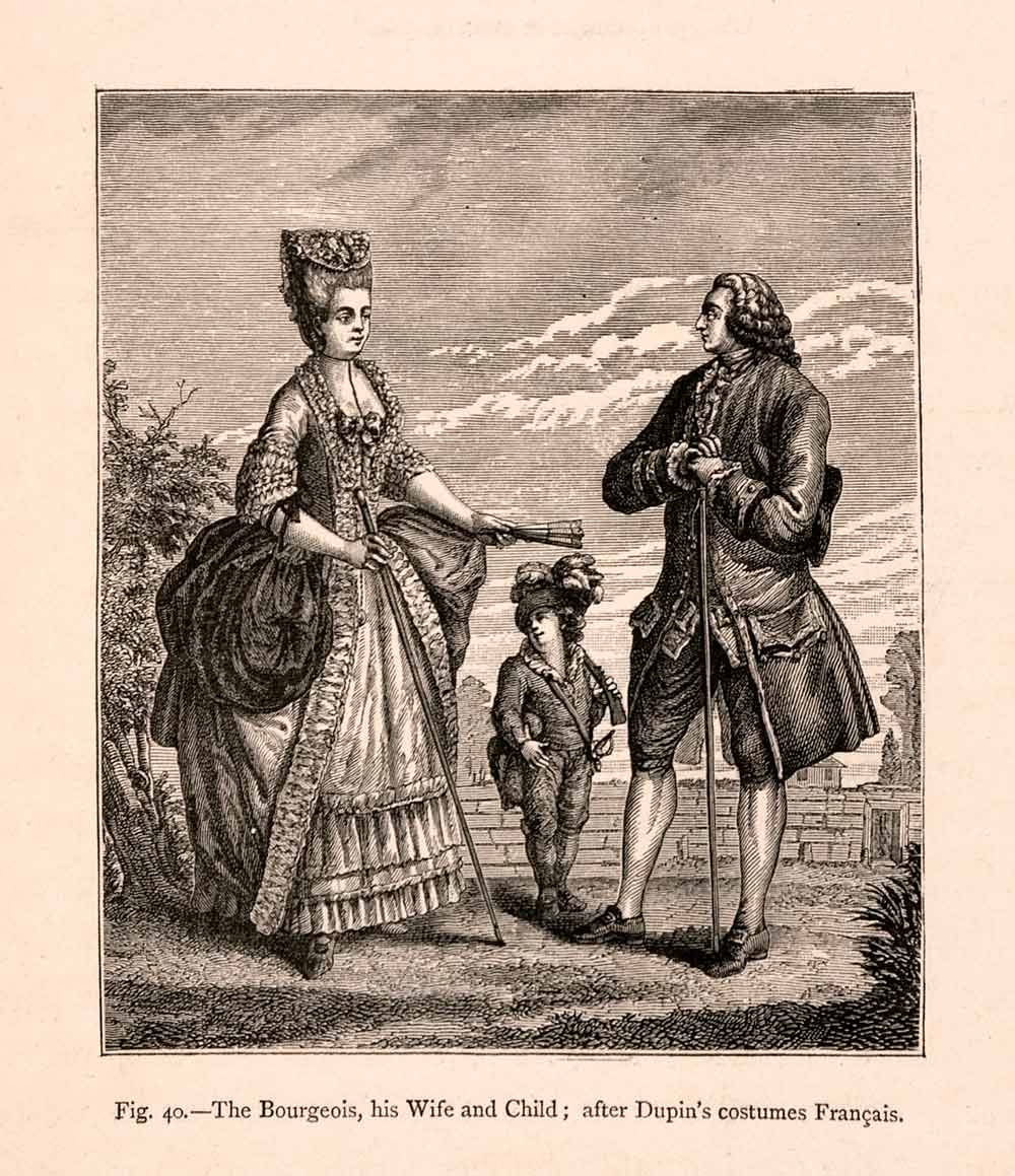1876 Wood Engraving Bourgeois Costume Dress 18th Century French Mercha – Period Paper Historic Art LLC