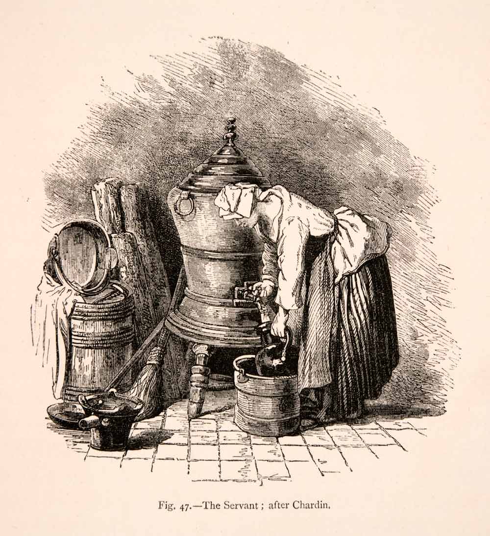 1876 Wood Engraving Chardin Servant Costume 18th Century France Woman XGGA9