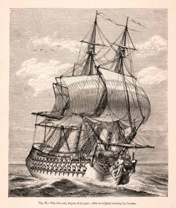 1876 Wood Engraving Hercule Frigate Guns Ozenne Rigging Foremast Sail XGGA9