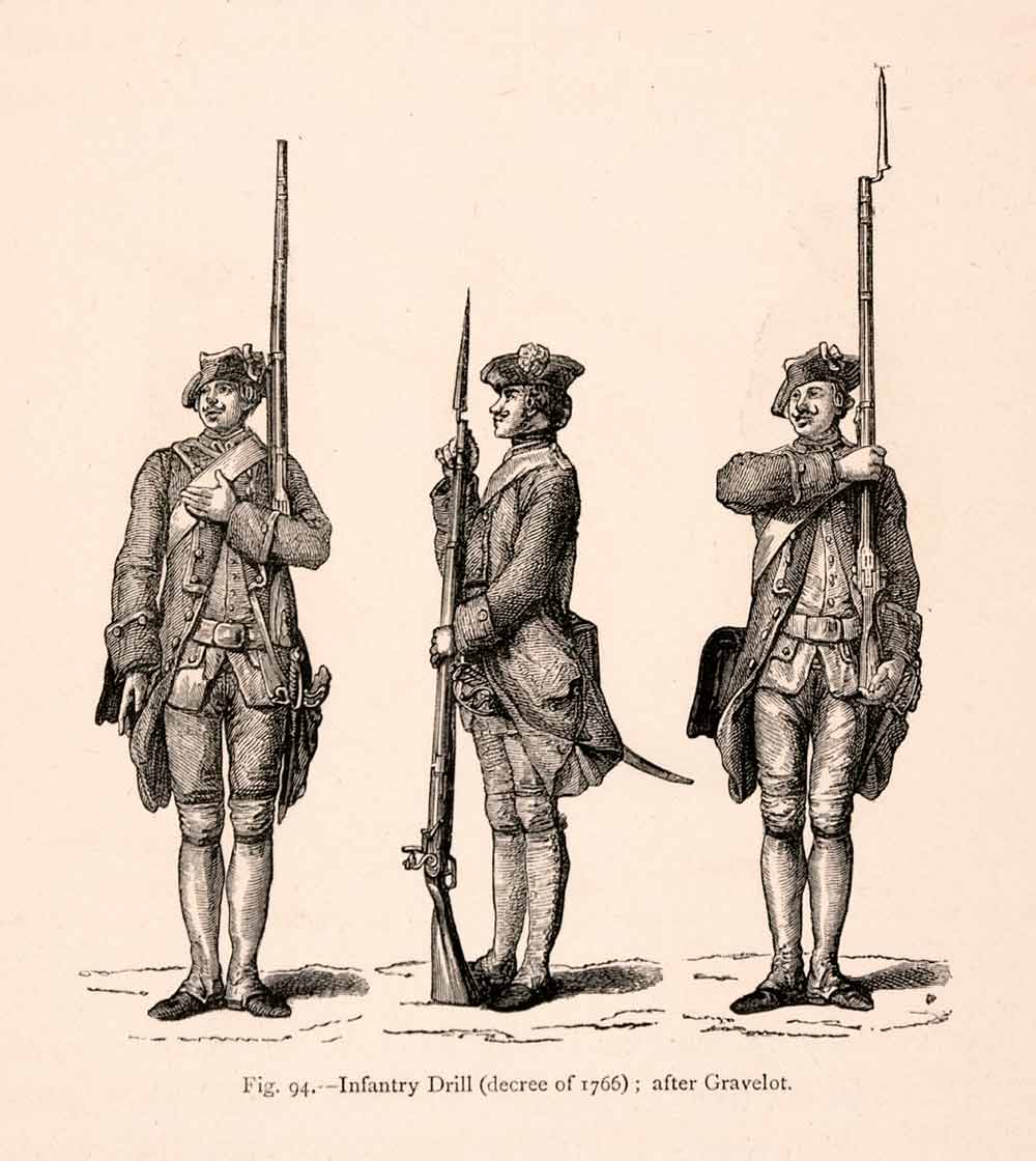 1876 Wood Engraving Infantry Drill Uniform French 18th Century Musket XGGA9