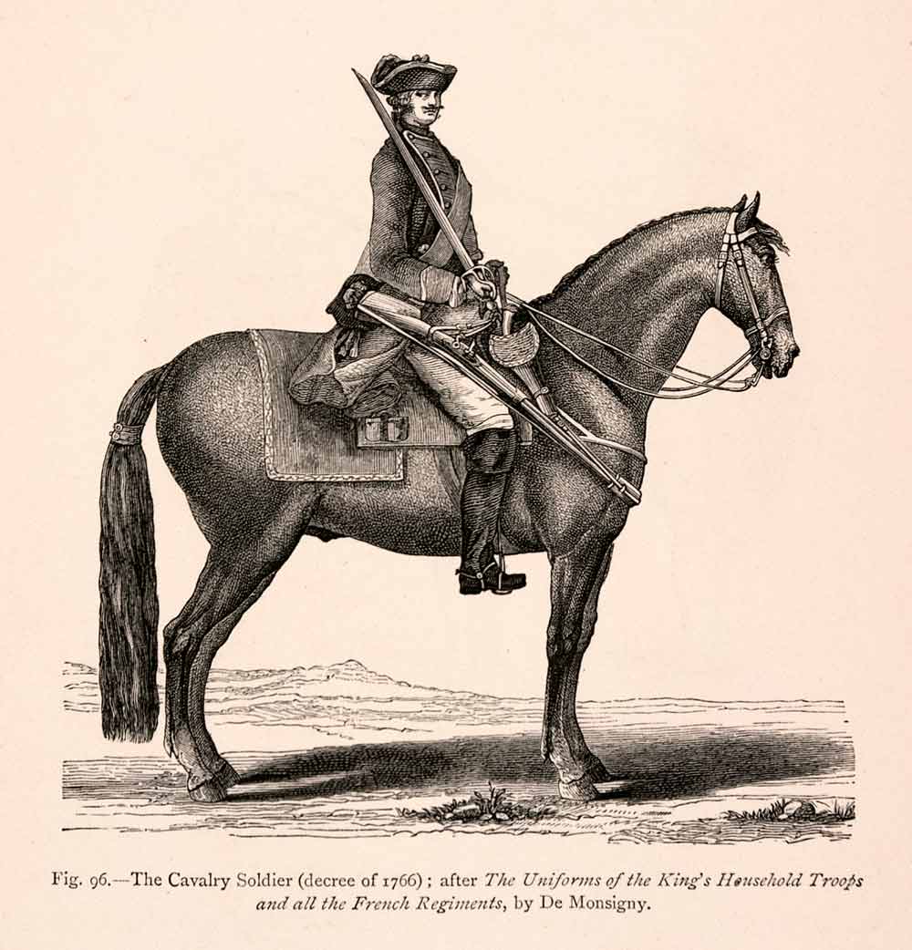 1876 Wood Engraving Cavalry Solider Equestrian 18th Century Uniform Musket XGGA9
