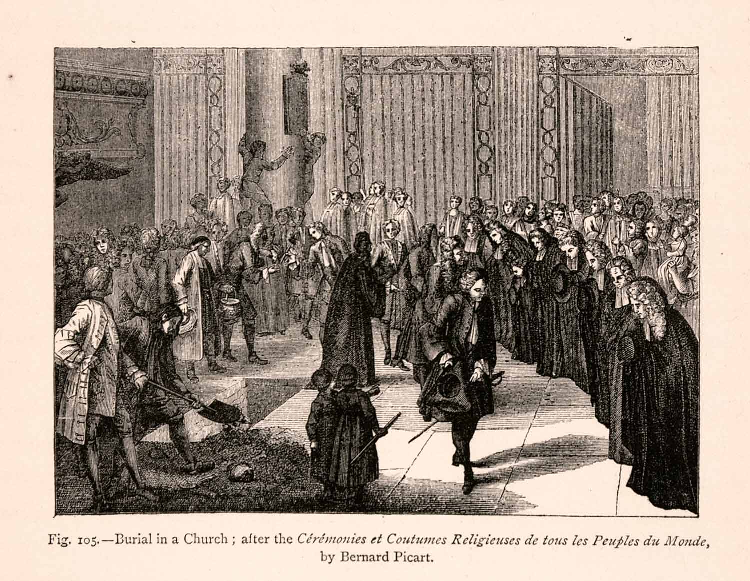1876 Wood Engraving Bernard Picart Burial Church Funeral 18th