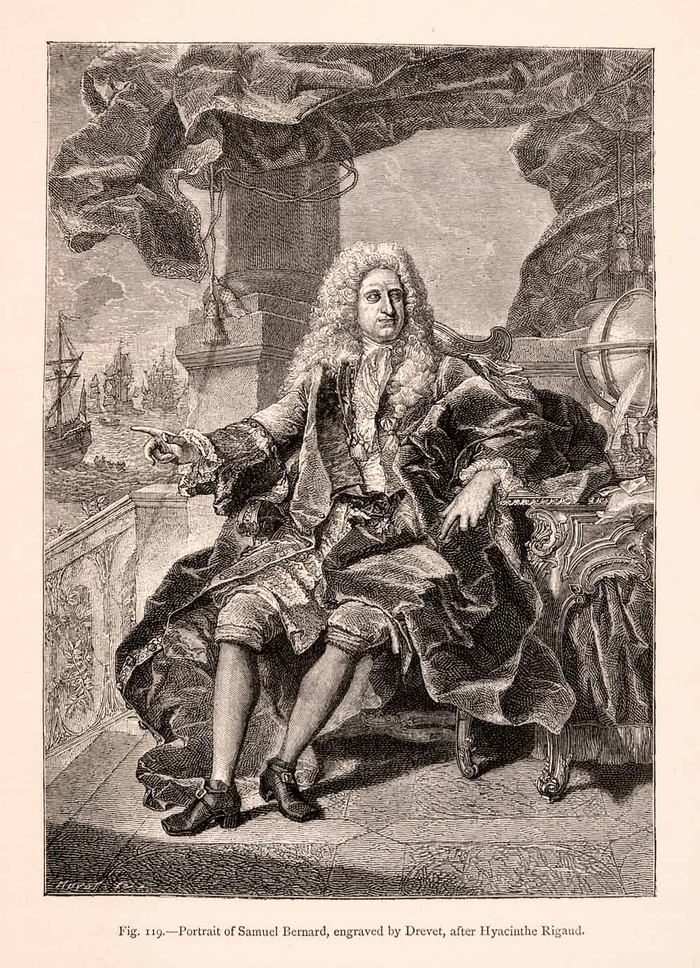 1876 Wood Engraving Samuel Bernard Drevet Hyacinthe Rigaud Portrait France XGGA9