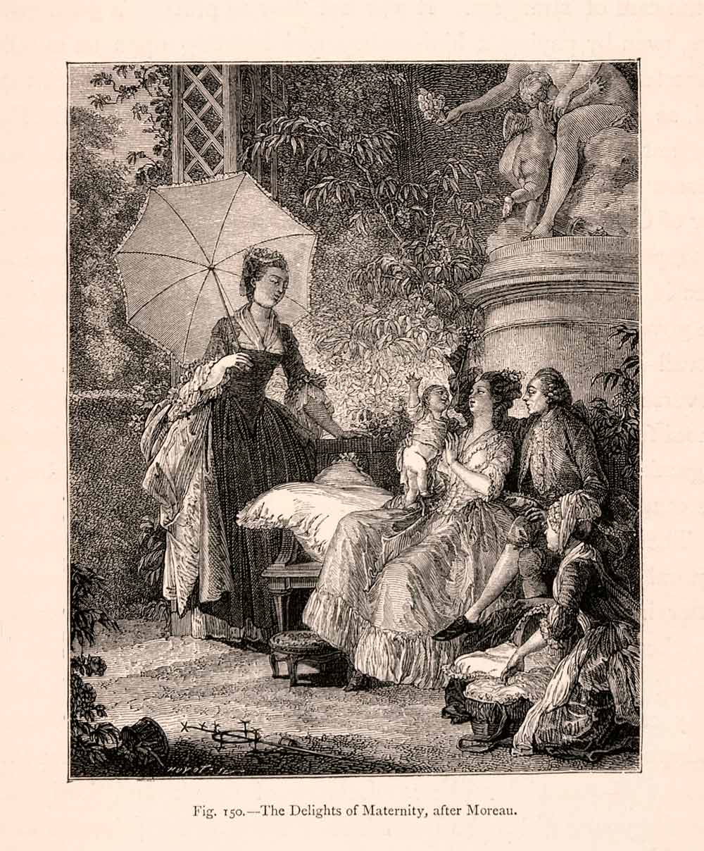 1876 Wood Engraving Maternity Moreau Mother Costume 18th Century France XGGA9