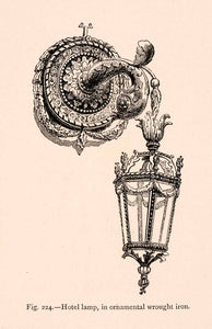 1876 Wood Engraving Hotel Lamp Ornamental Wrought Iron Lantern 18th XGGA9