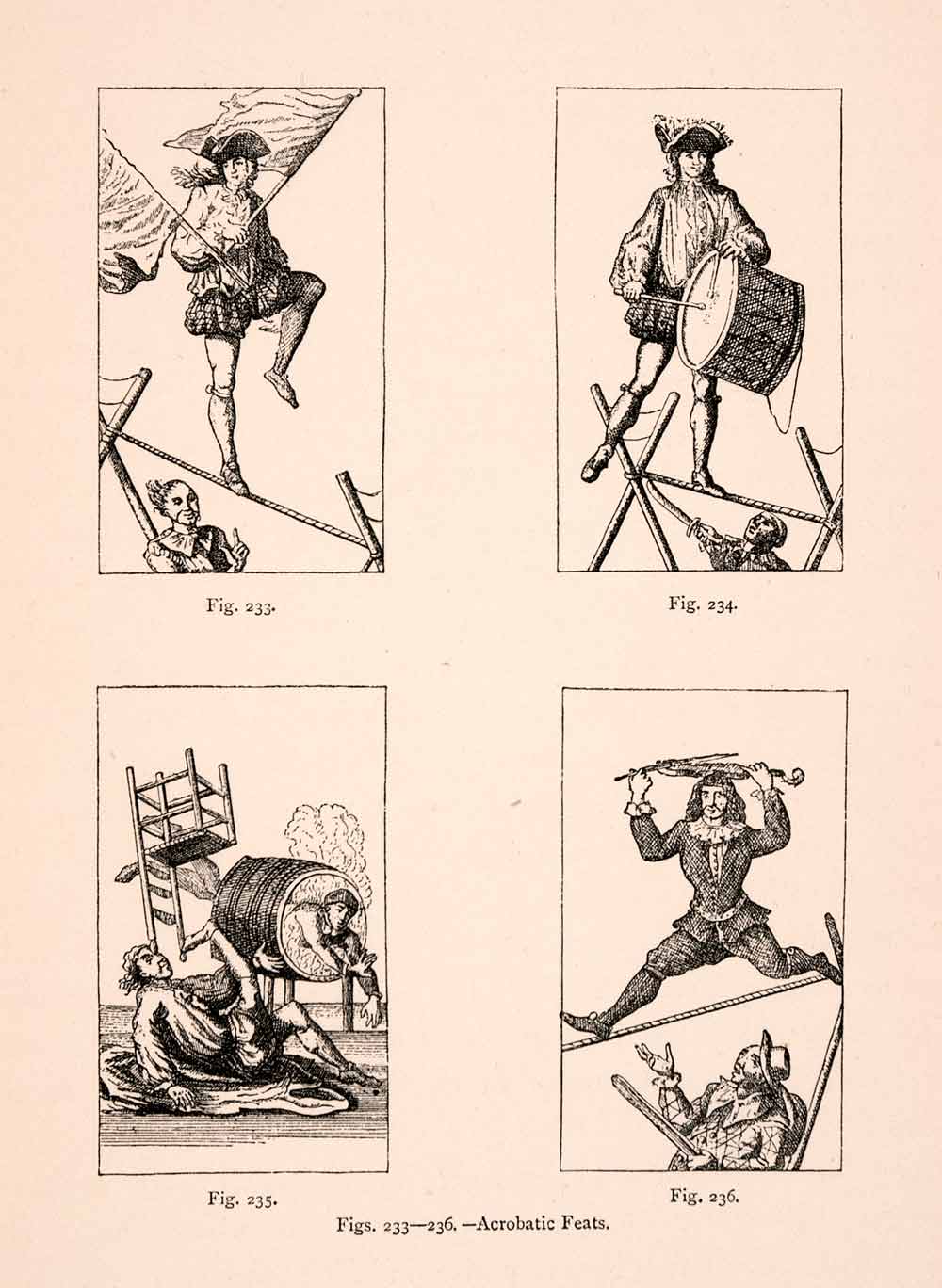 1876 Wood Engraving Acrobats Paris 18th Century Tightrope Drum Violin XGGA9