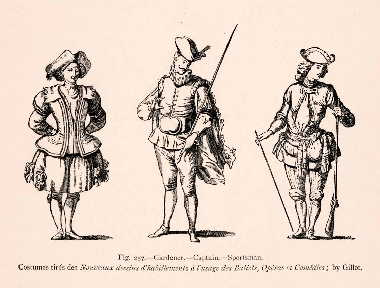 1876 Wood Engraving Costume Gardener Captain Sportsman 18th Century XGGA9