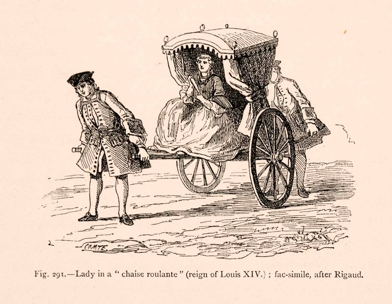 1876 Wood Engraving Chaise-Roulante Transportation Rickshaw 18th Century XGGA9