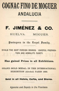 1895 Ad Cognac Fino de Moguer Andalusia Jimenez Paris Exhibition Spain XGGB5