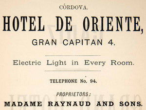 1895 Ad Cordova Spain Hotel de Oriente Electric Lighting Madame Raynaud XGGB5