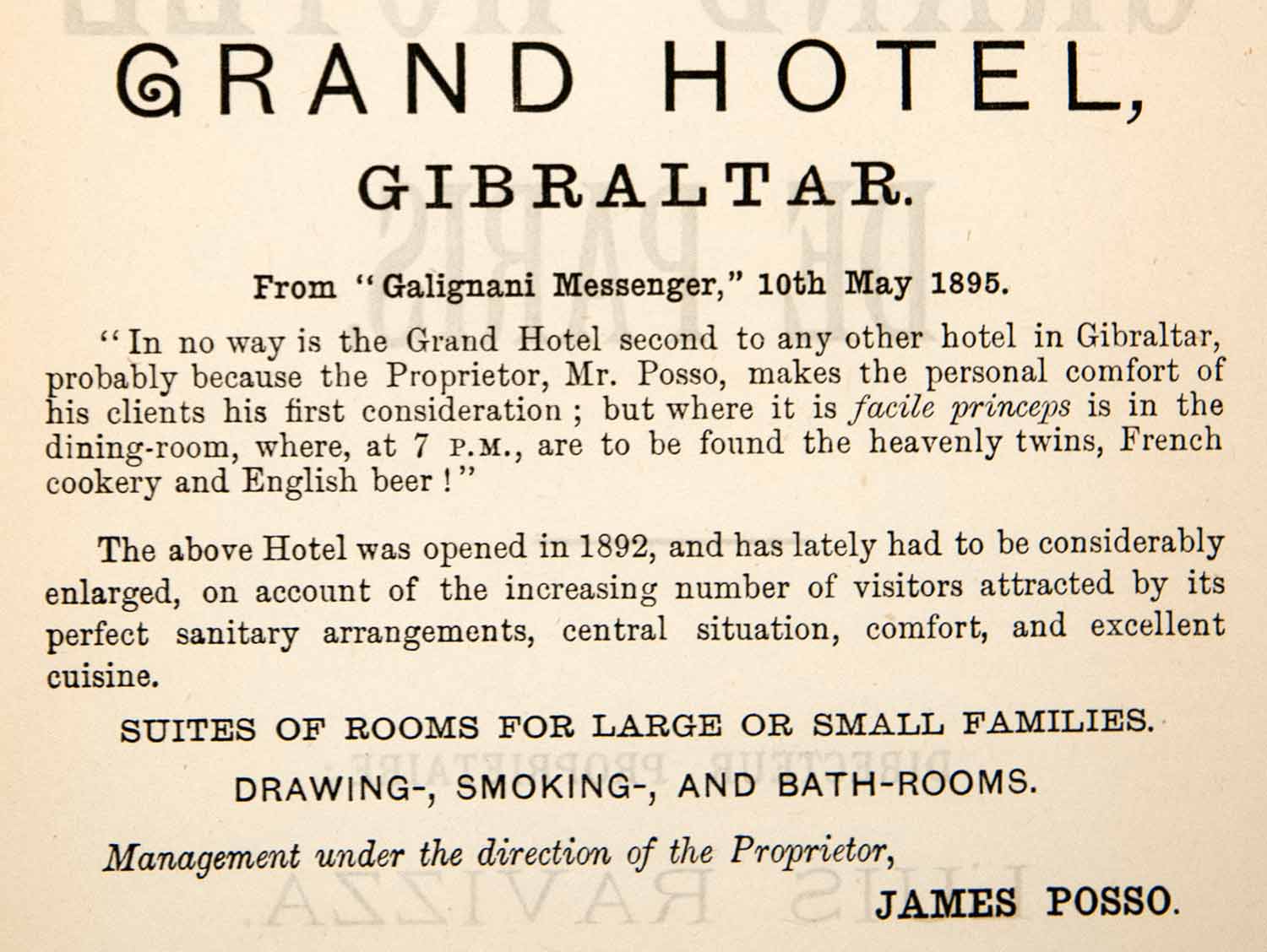 1895 Ad Grand Hotel Gibraltar Galignani Messenger James Posso Resort Spain XGGB5