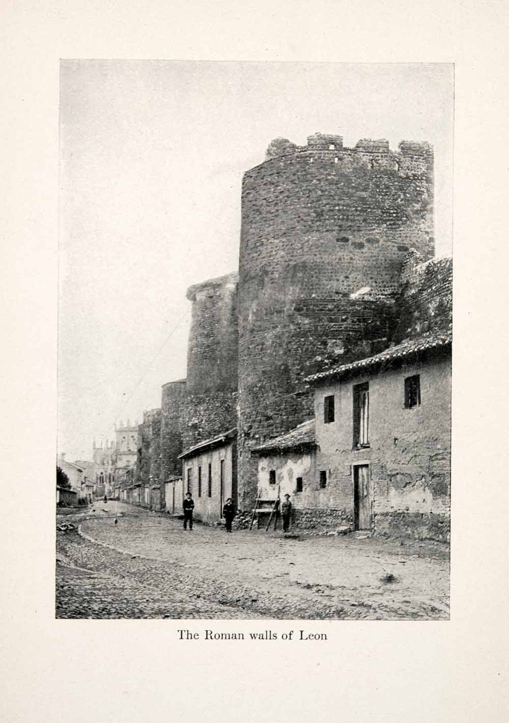 1911 Print Spain Leon Roman City Wall Fortification Tower Street XGGB9
