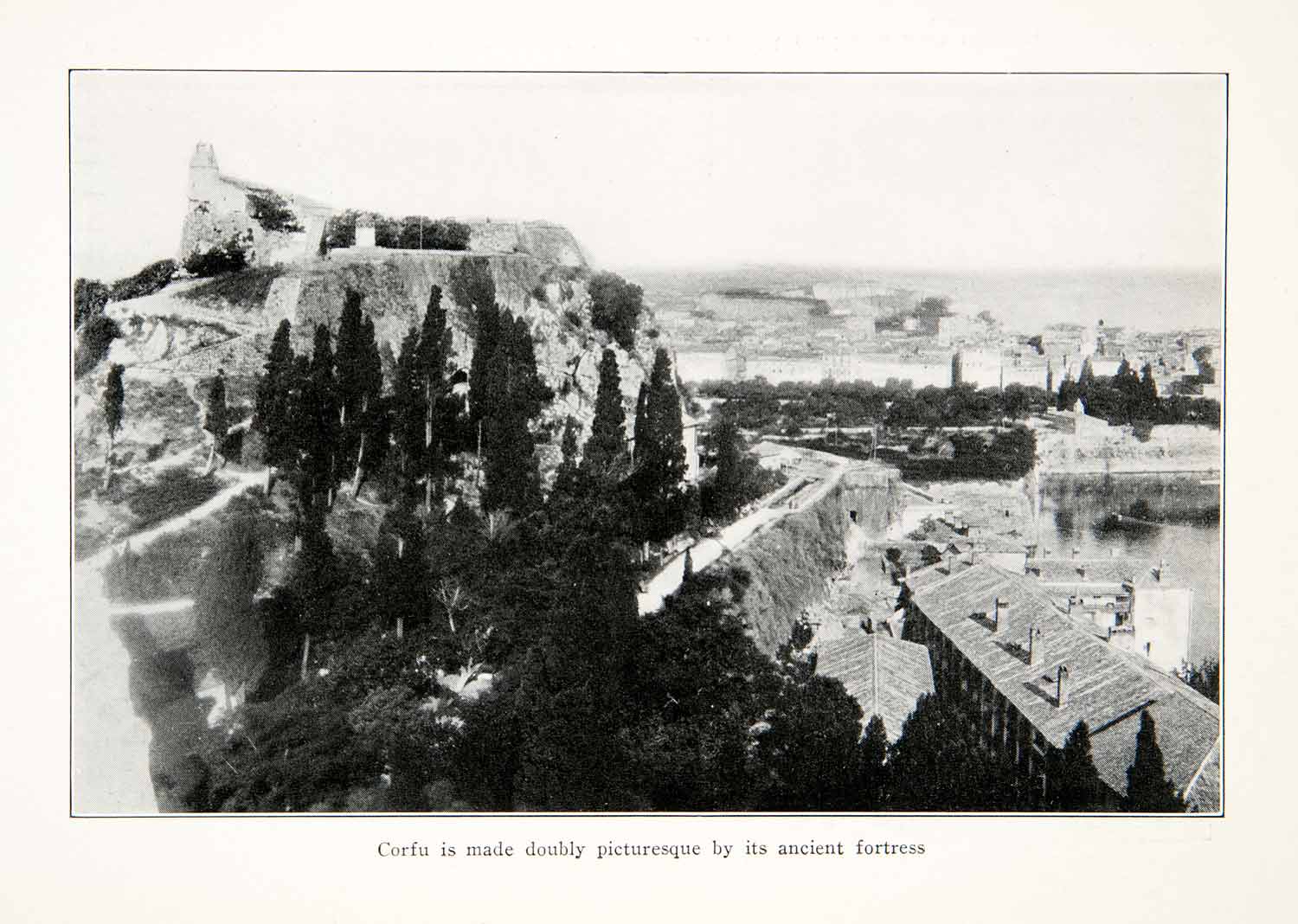 1929 Print Corfu Trees Ancient Fortress Picturesque Hillside Greece Island XGGC2