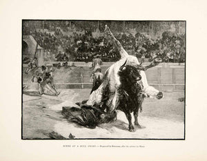1894 Wood Engraving Scene Bullfight Madrid Spain Bull Gored Horse Matador XGGC5