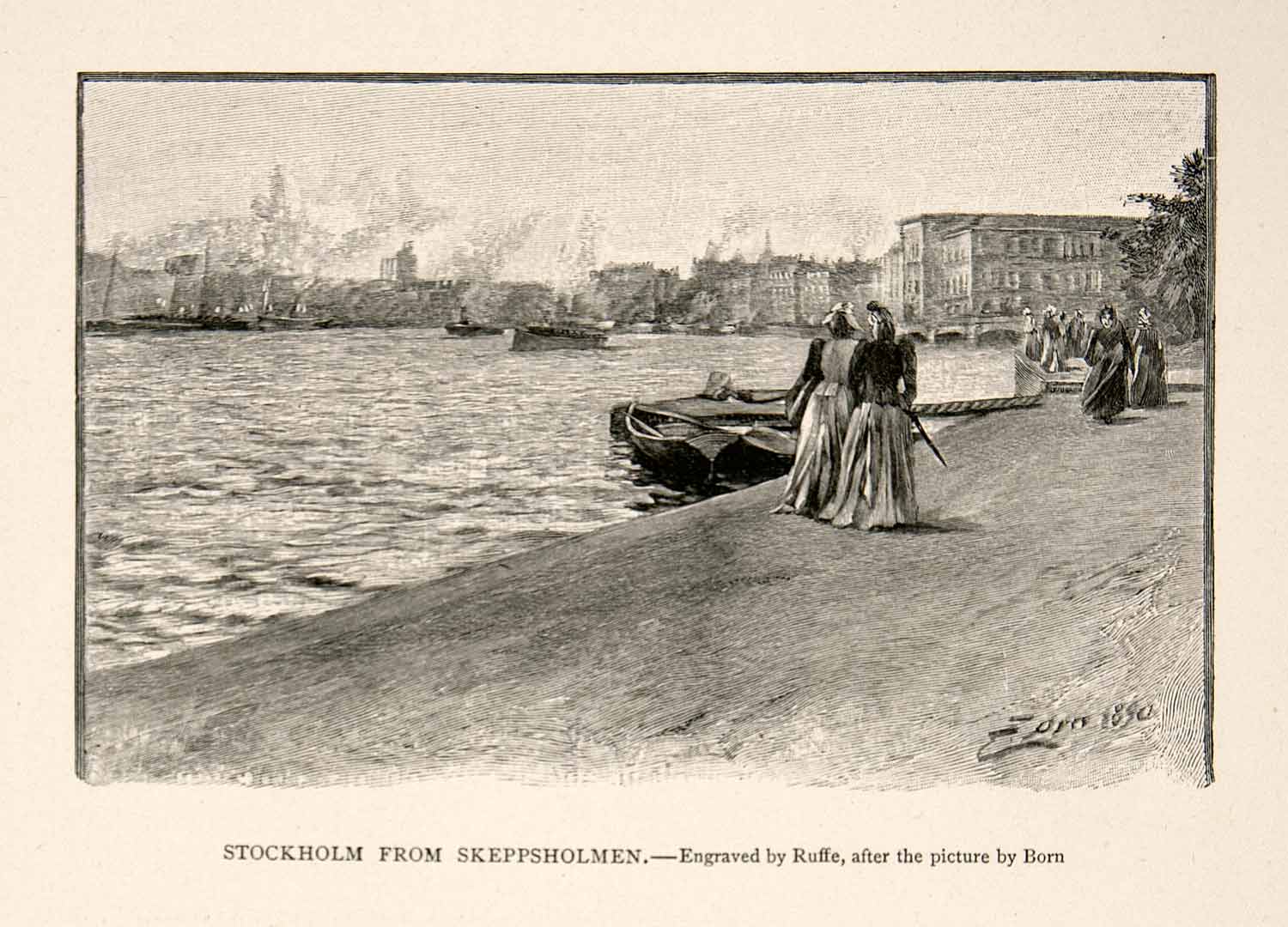 1894 Wood Engraving Stockholm Sweden Baltic Sea Island Skeppsholmen XGGC5