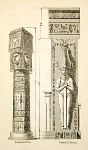 1832 Wood Engraving Dendera Column Caryatid Pilaster Height Egyptian XGGD1