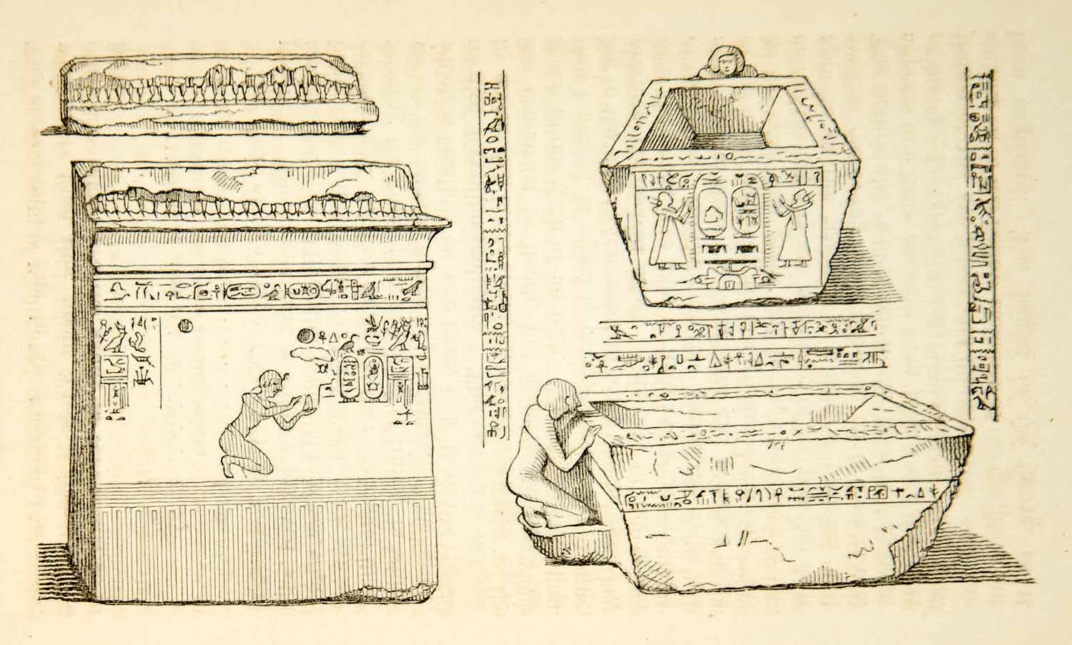 1832 Wood Engraving Artifact Egyptian Ancient Tomb Frieze Hieroglyphic XGGD1