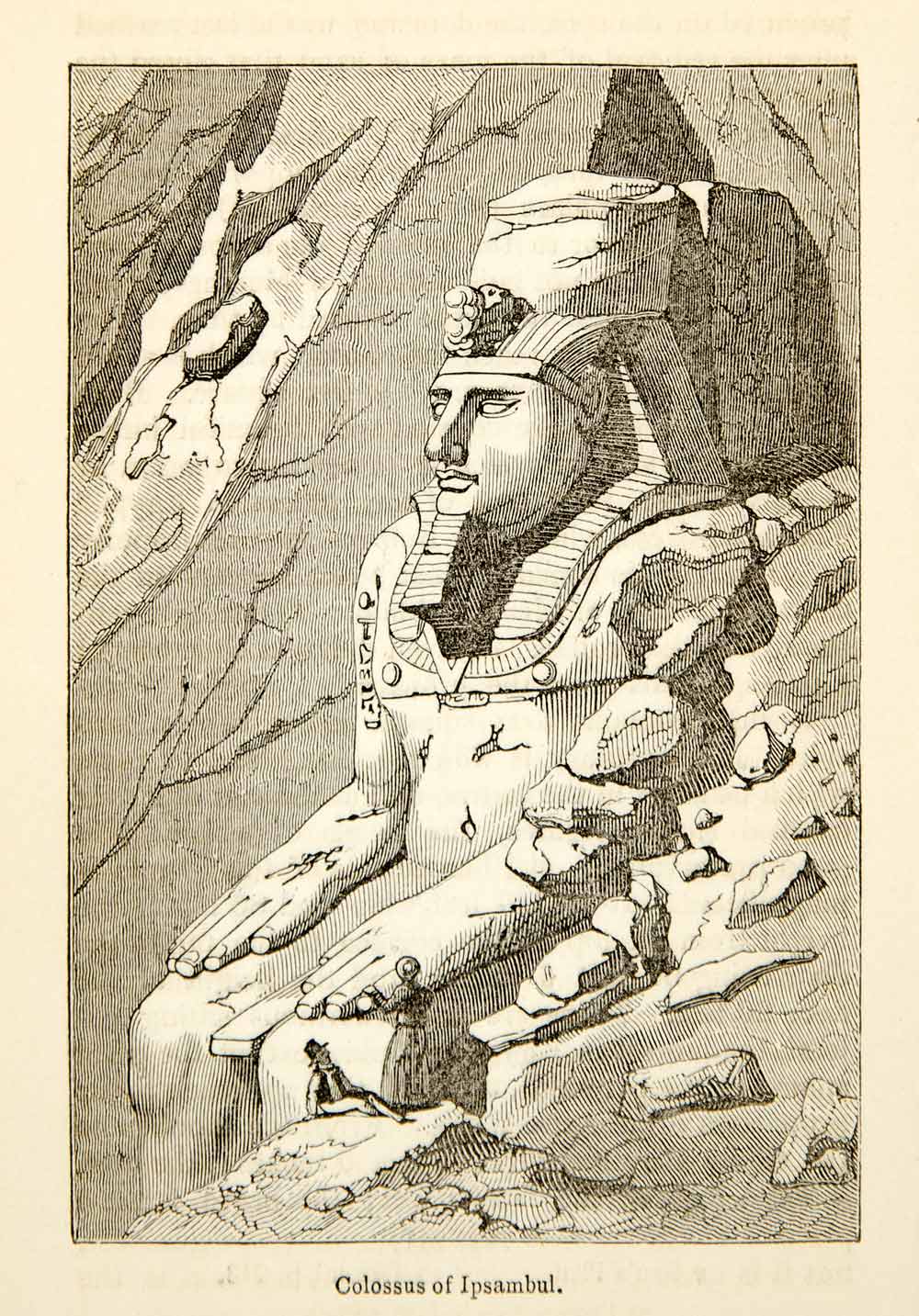 1832 Wood Engraving Colossus Abu Simbel Temple Ancient Egyptian Statue XGGD1