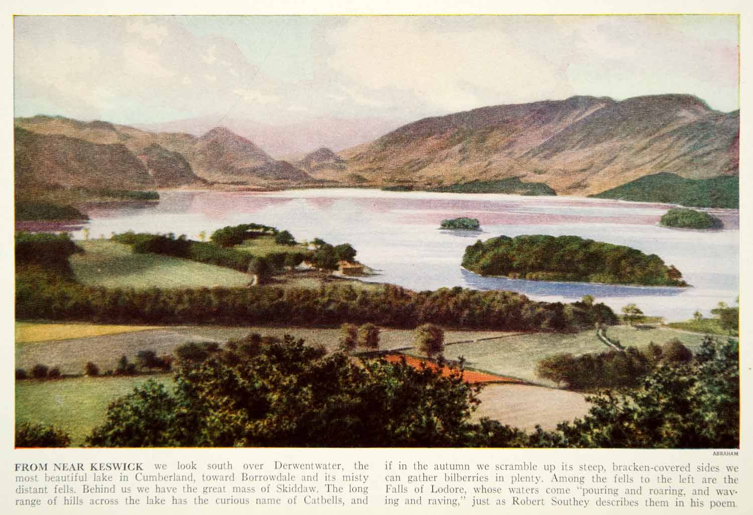 1938 Color Print Derwentwater Landscape Cumberland Lake England Historical XGGD4