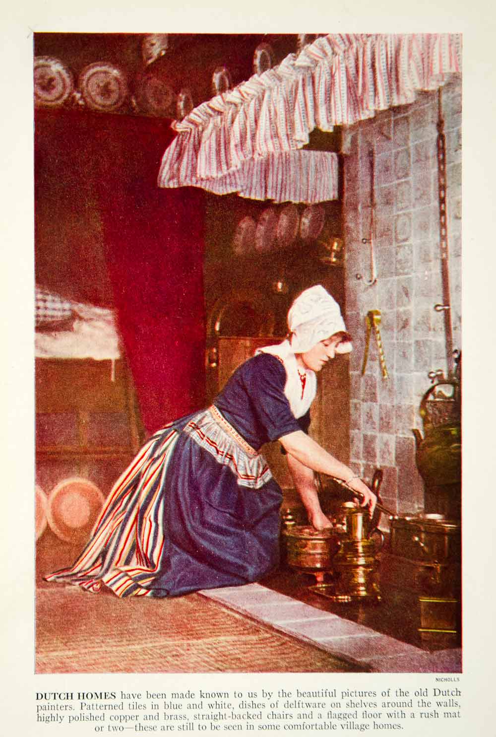 1938 Color Print Denmark Interior Home Danish Woman Cleaning Historical XGGD4