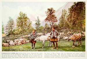 1938 Color Print Lapps Norway Tribe Reindeer Animals Norwegian Historical XGGD4