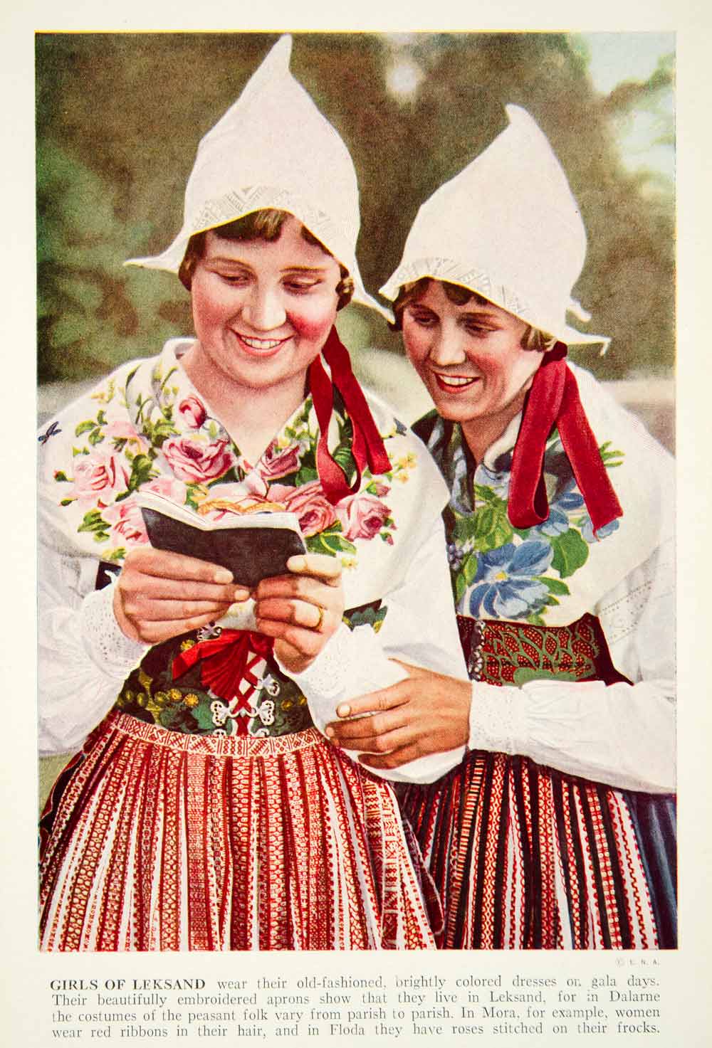 1938 Color Print Leksand Sweden Girls Traditional Costume Dress Historical XGGD4