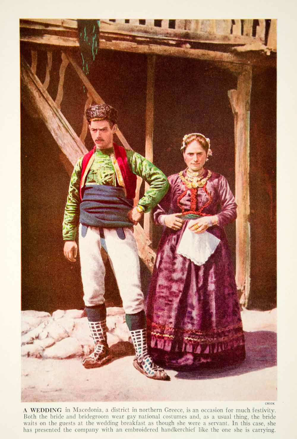 1938 Color Print Bride Groom Macedonia Wedding Traditional Costume Dress XGGD4