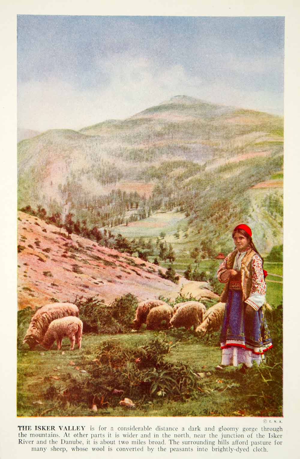 1938 Color Print Isker Valley Bulgaria Landscape Sheep Historical Image XGGD4