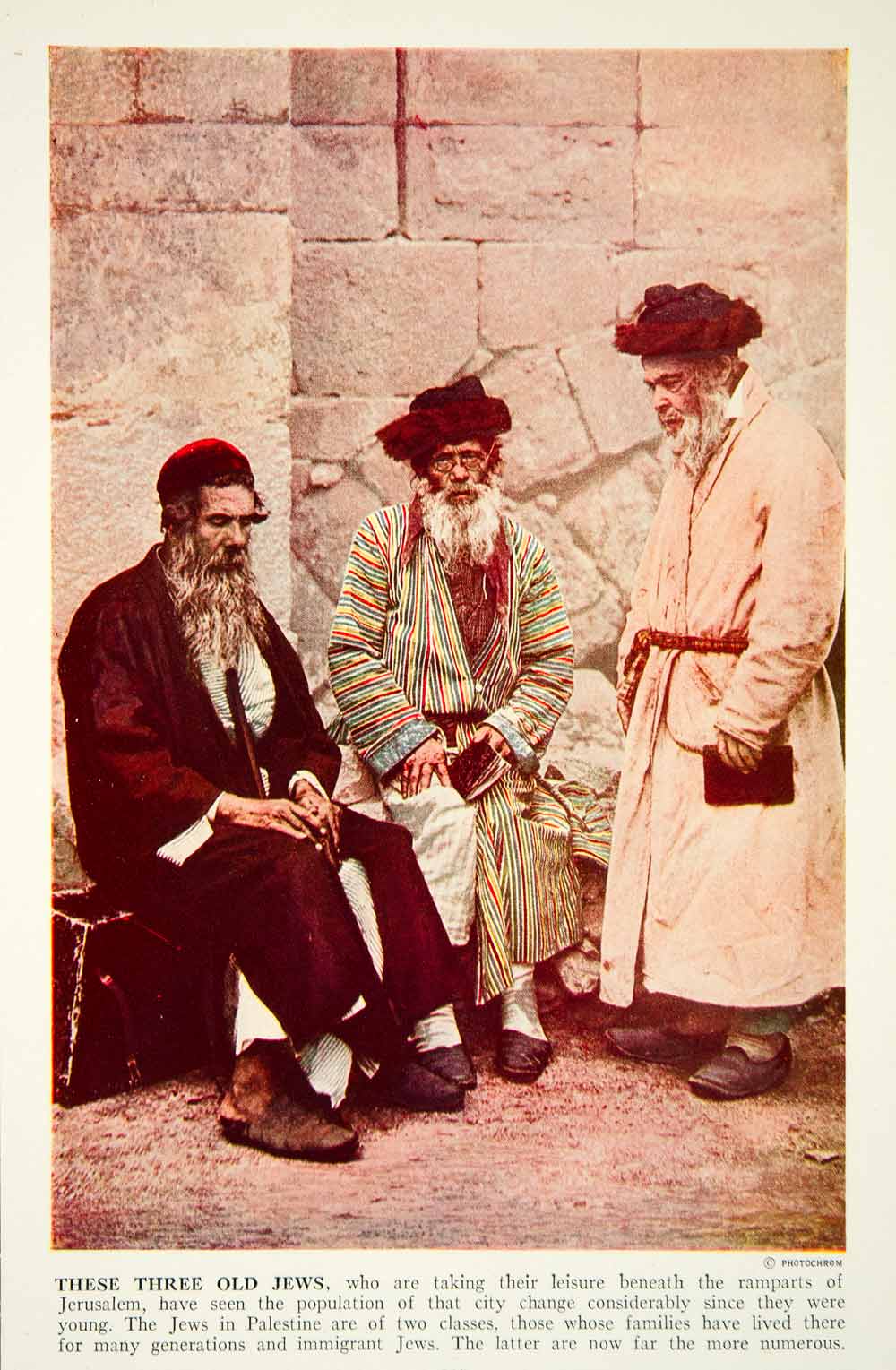 1938 Color Print Jewish Men Jerusalem Walls Traditional Costume Historic XGGD4