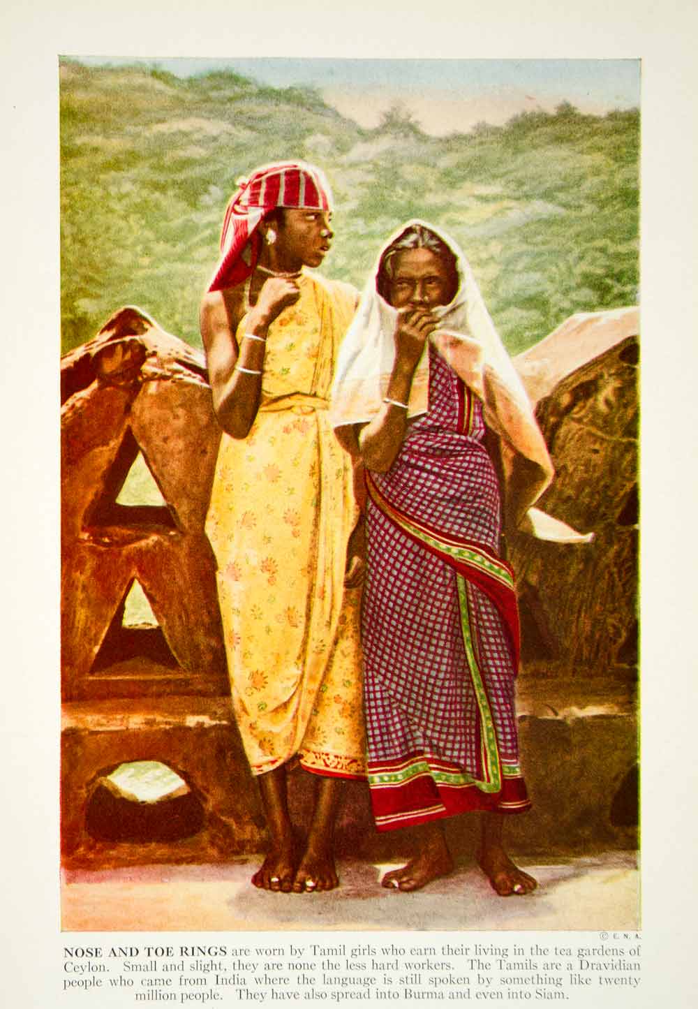 1938 Color Print Tamil Girls India Traditional Dress Costume Historical  XGGD4