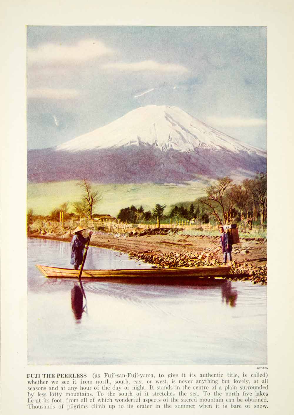 1938 Color Print Mount Fuji Landscape Japan Boat River Historical Image XGGD4
