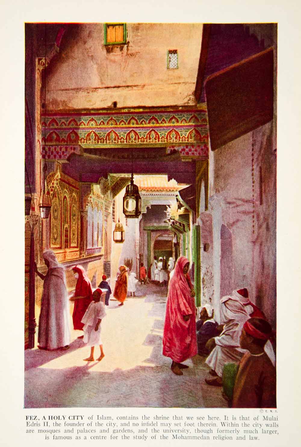 1938 Color Print Fes Morocco Africa Shrine Mulai Idris II Cityscape Street XGGD5