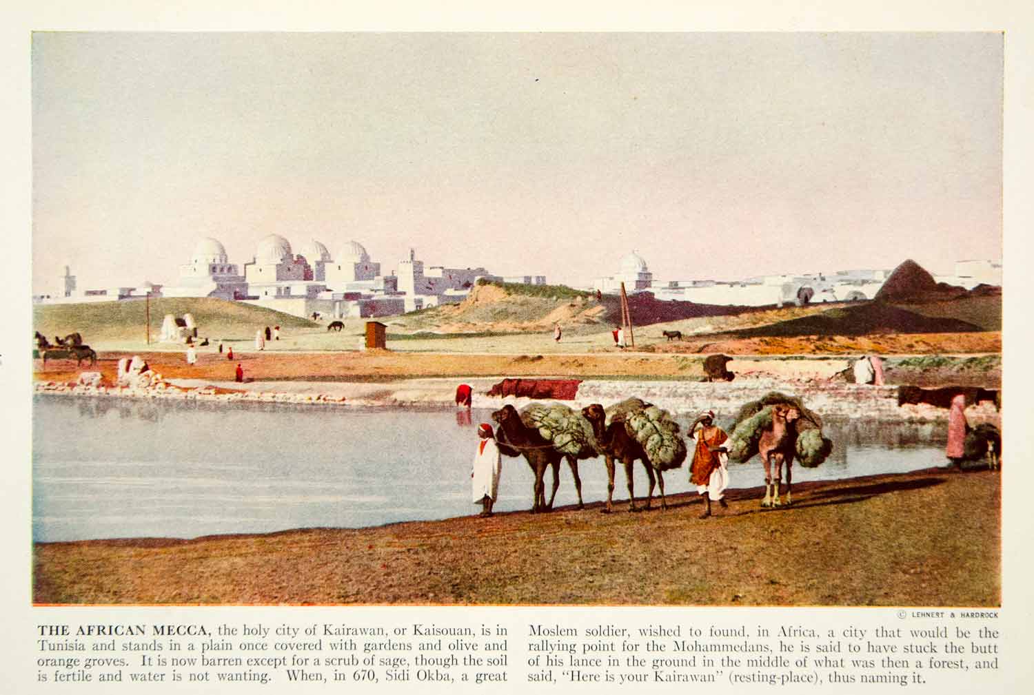 1938 Color Print Kairouan Tunisia Africa Cityscape Great Mosque Camel XGGD5