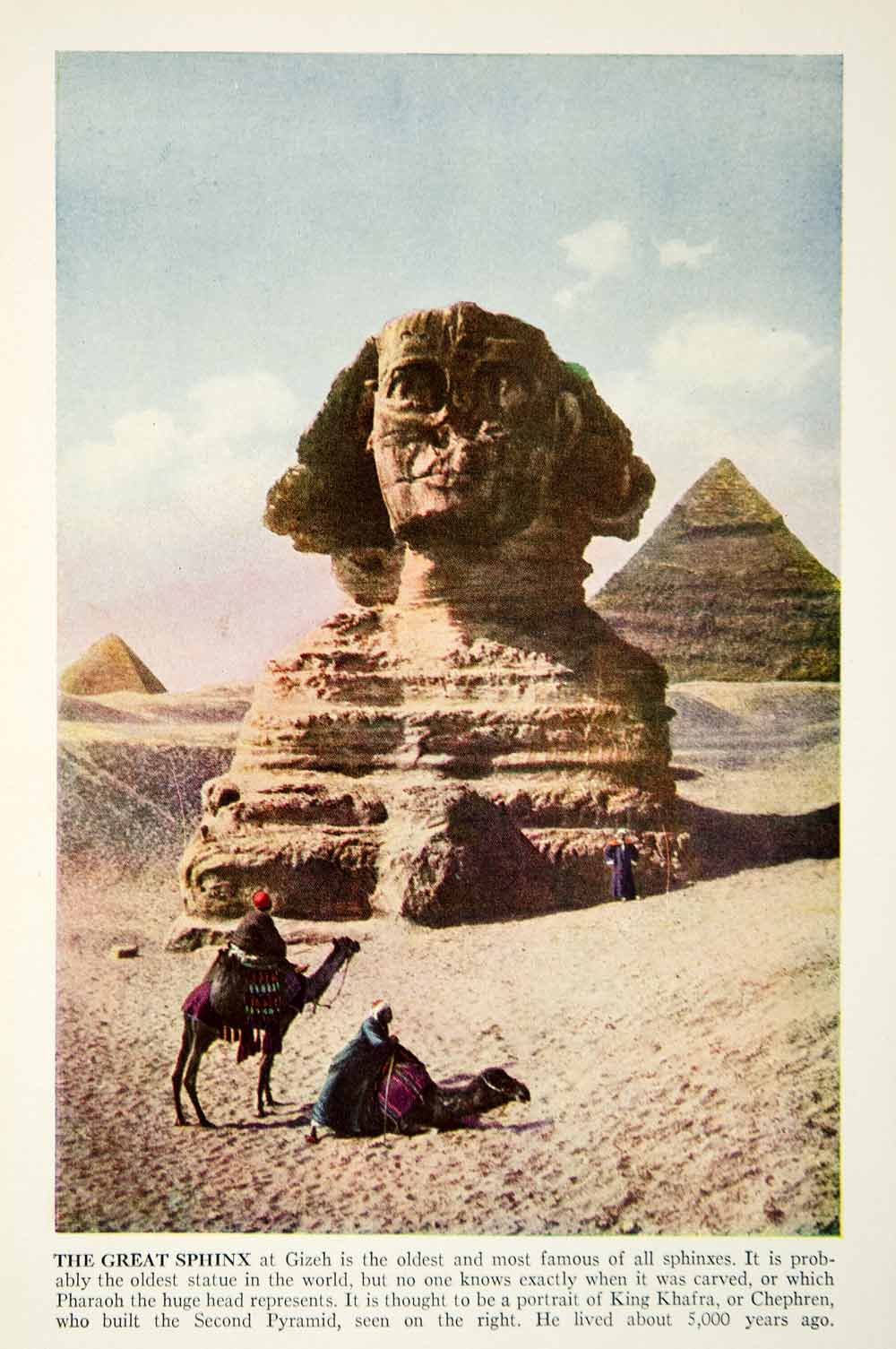 1938 Color Print Great Sphinx Giza Plateau Egypt Africa Limestone Statue XGGD5