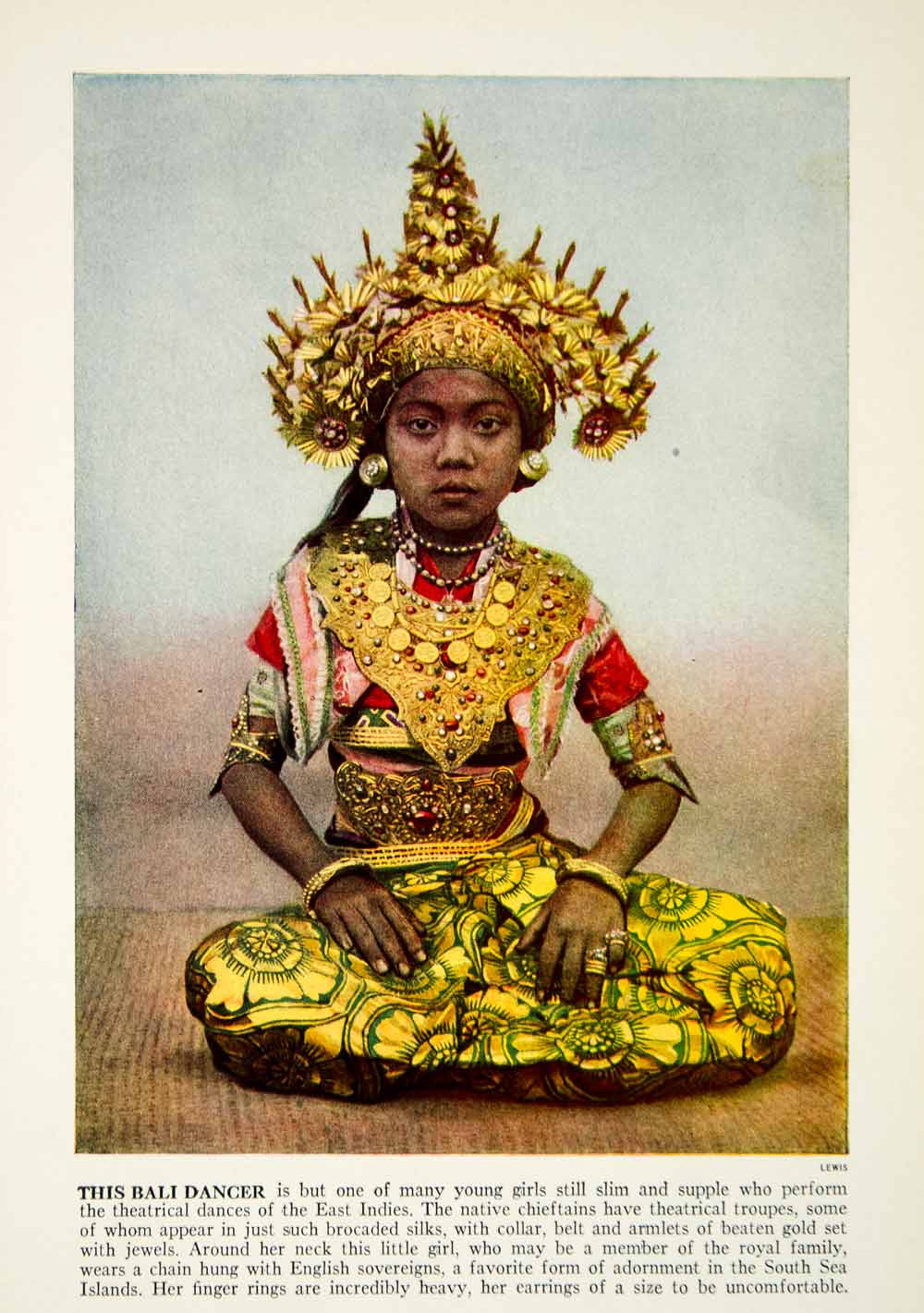 1938 Color Print Portrait Bali Dancer Girl Costume Ethnic Indonesia XGGD5