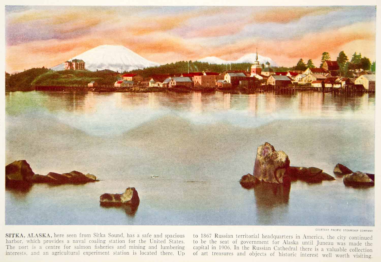 1938 Color Print Sitka Alaska USA Cityscape Sound Harbor Mount Edgecumbe XGGD5