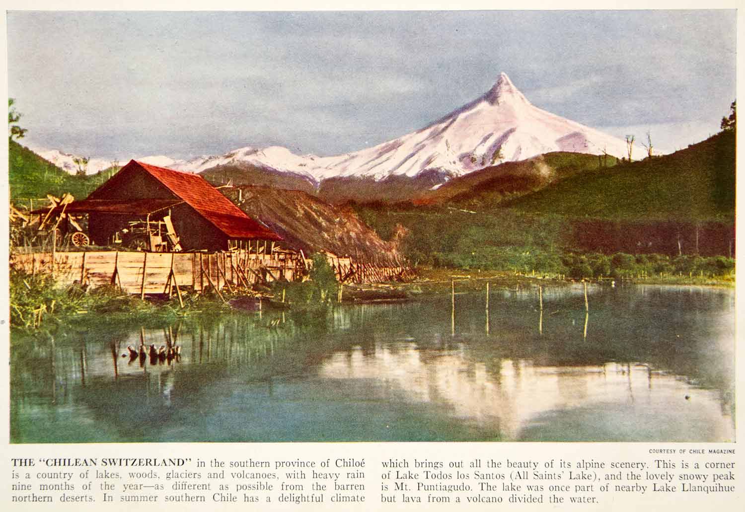 1938 Color Print Lake Todos Los Santos Chile South America Volcano XGGD5