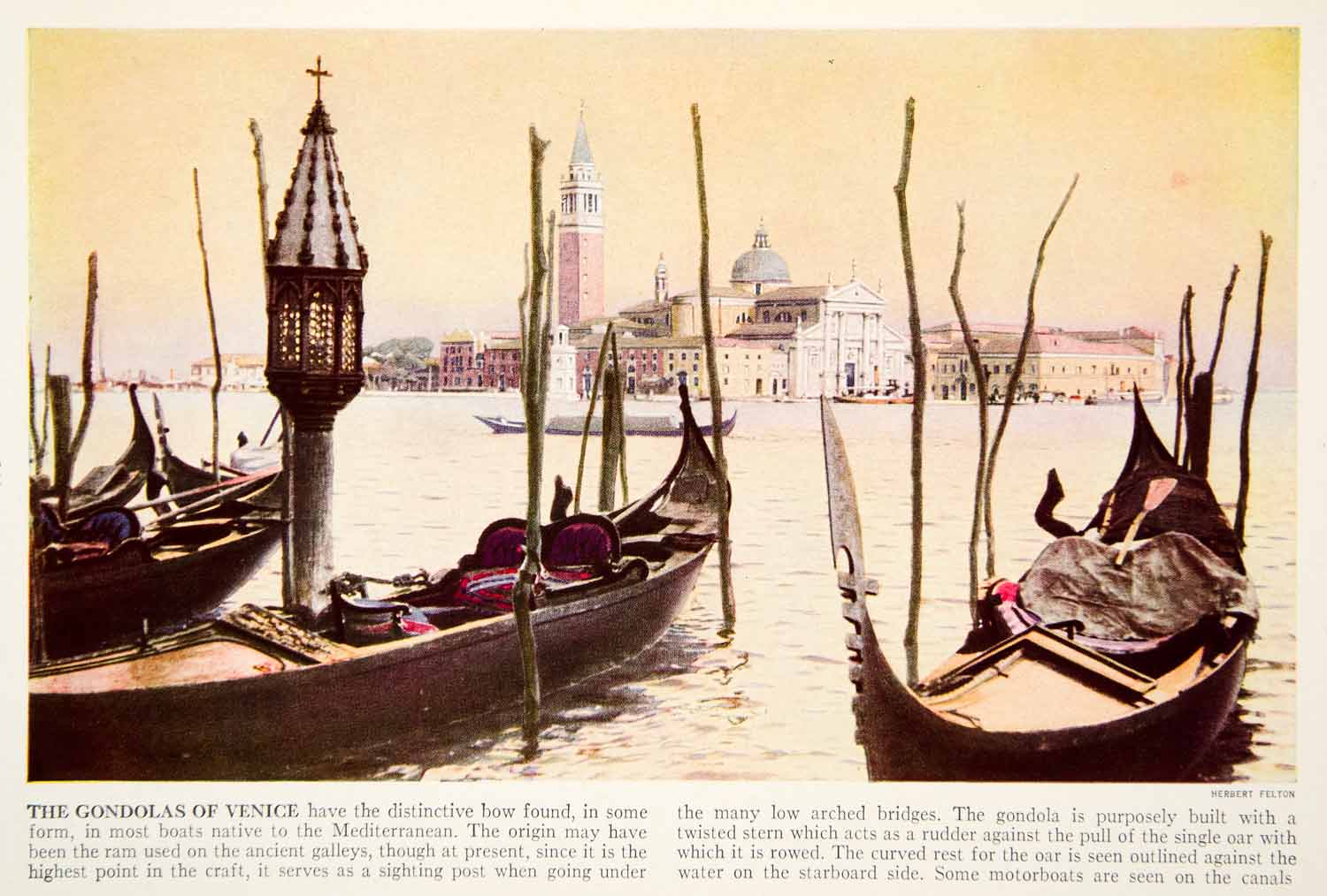 1938 Color Print Gondola Venice Italy Rowboat Lagoon Grand Canal Cityscape XGGD5