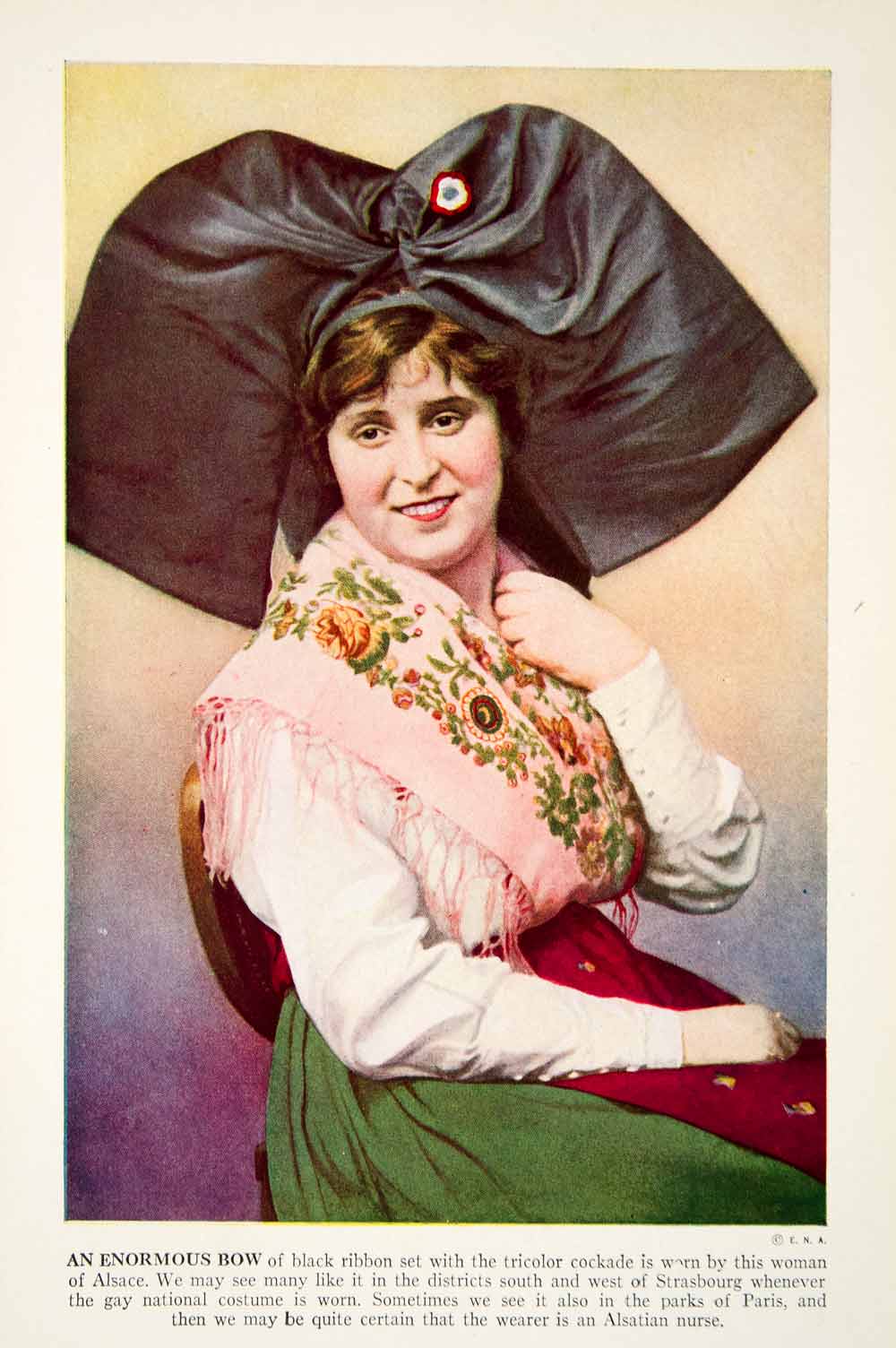 1938 Color Print Portrait Woman Bow Hat Cockade Alsace France Europe XGGD5