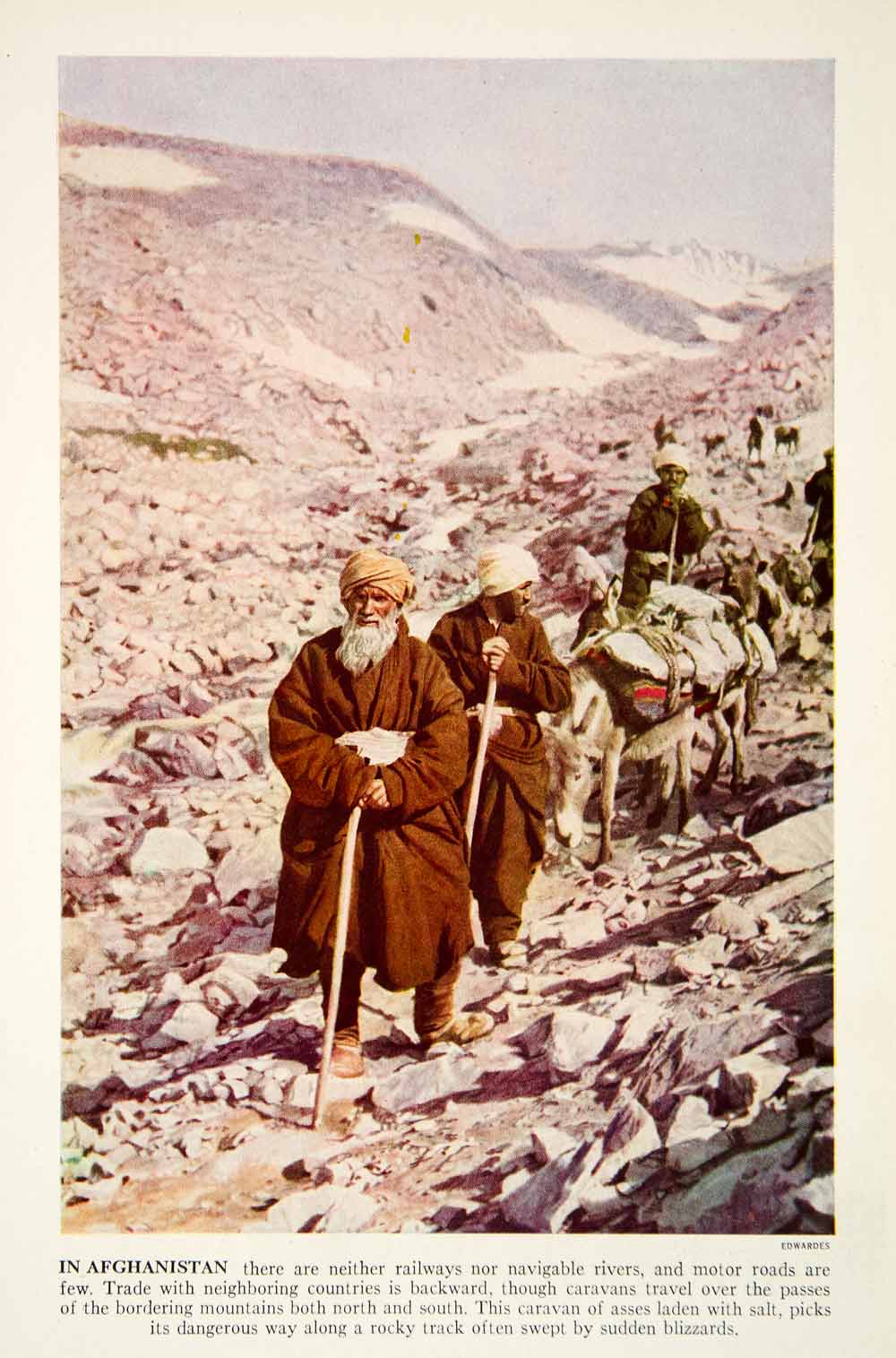 1938 Color Print Afghanistan Middle East Mountain Pass Donkey Caravan XGGD5