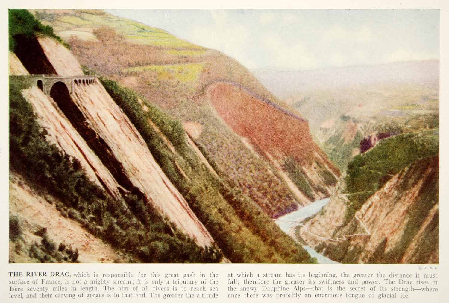 1938 Color Print Drac River France Europe Scenic Landscape Valley Bridge XGGD5