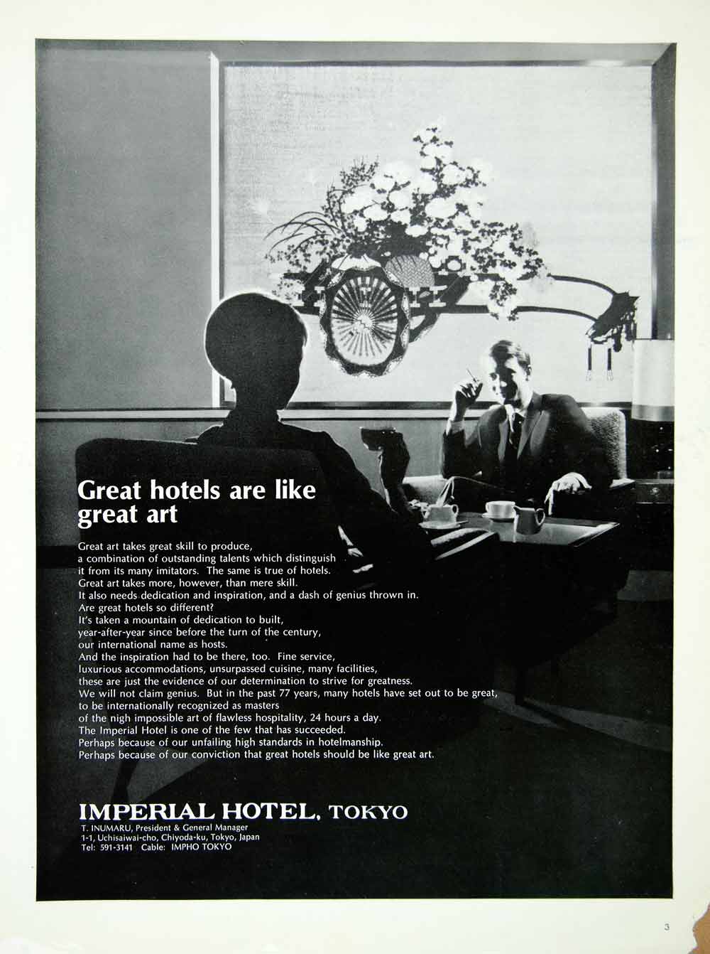 1968 Ad Imperial Hotel Tokyo Inumaru Room Japanese Lodging Smoking Couple XGGD7