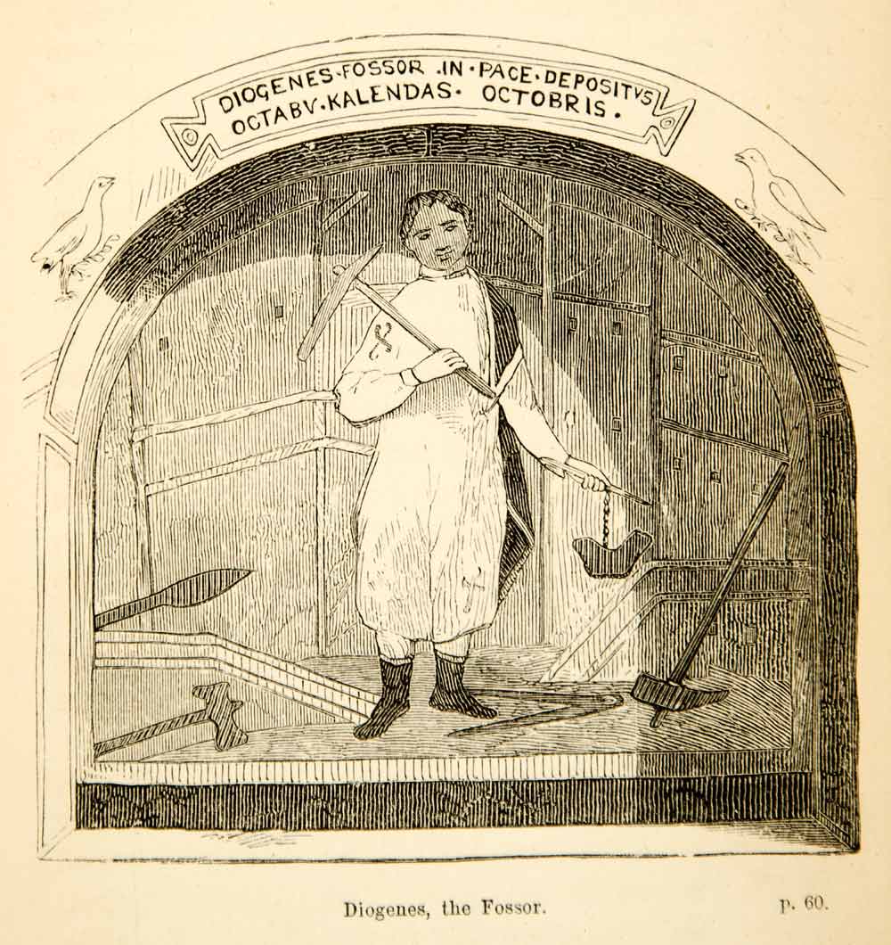 1854 Wood Engraving Diogenes Fossor Gravedigger Worker Spade Shovel Pick XGGD8